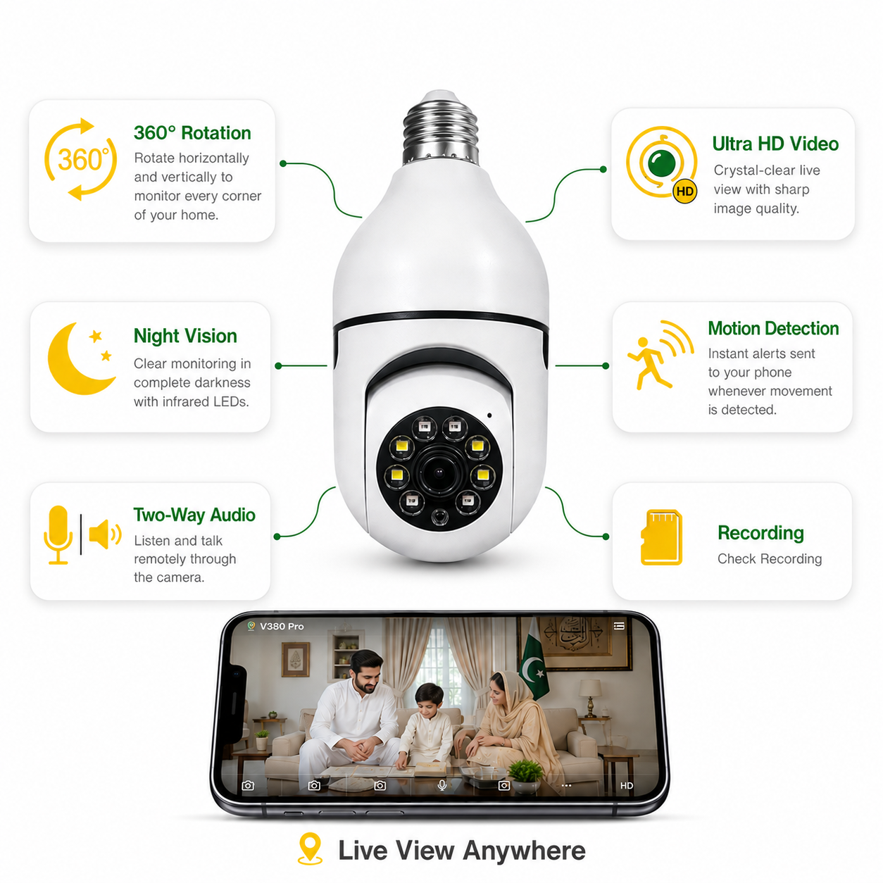 V380 Pro Smart Wireless Camera - WiFi Bulb Shape CCTV Security Camera